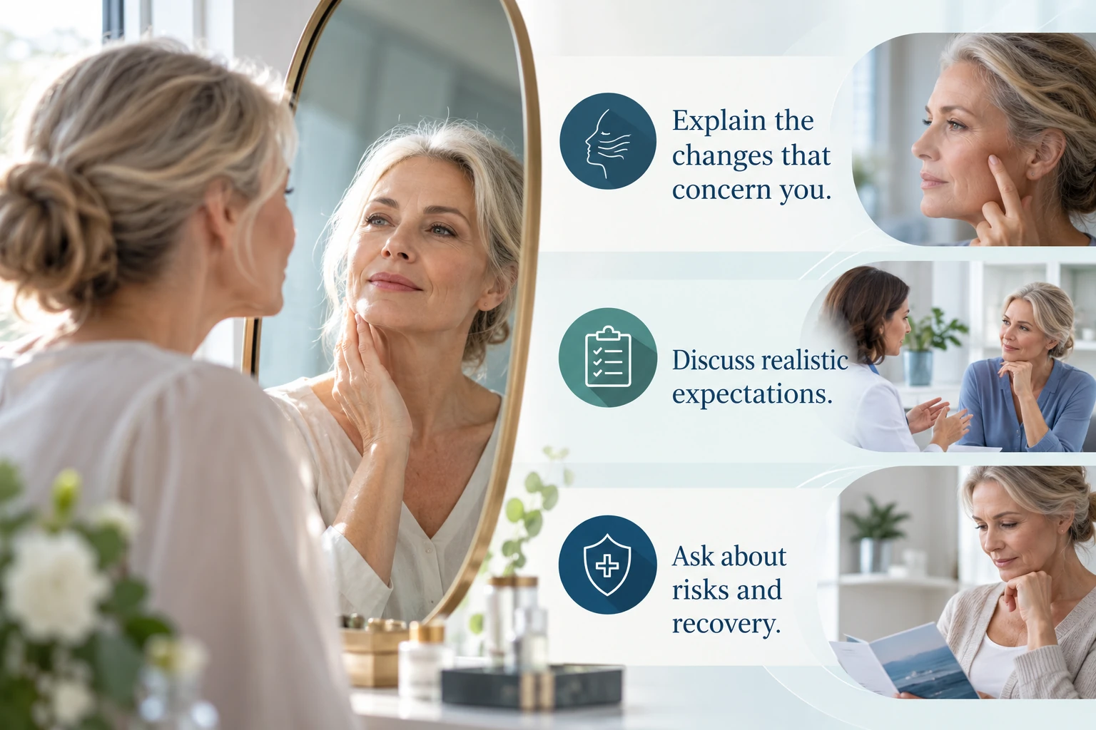Illustrative infographic: Discussing age-related aesthetic concerns. Explain the changes that concern you. Discuss realistic expectations. Ask about risks and recovery.