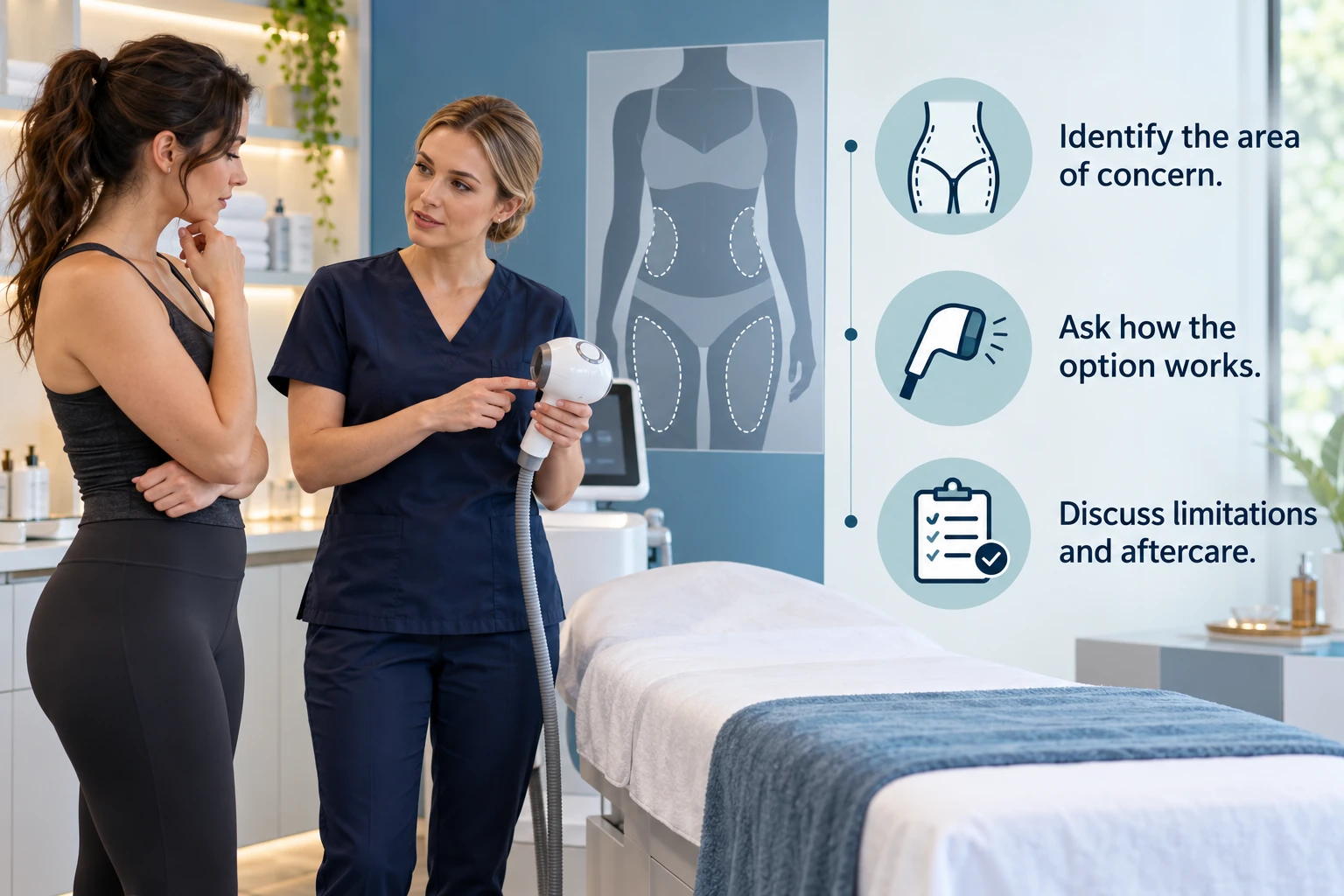 Illustrative infographic: Body sculpting enquiries. Identify the area of concern. Ask how the option works. Discuss limitations and aftercare.