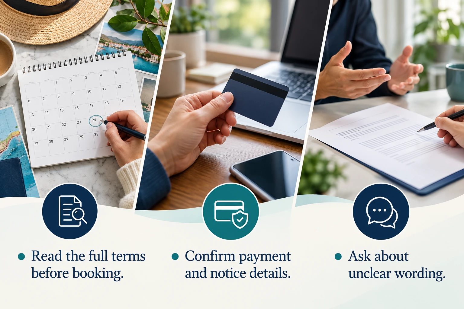 Illustrative infographic: Checking terms before booking. Read the full terms before booking. Confirm payment and notice details. Ask about unclear wording.