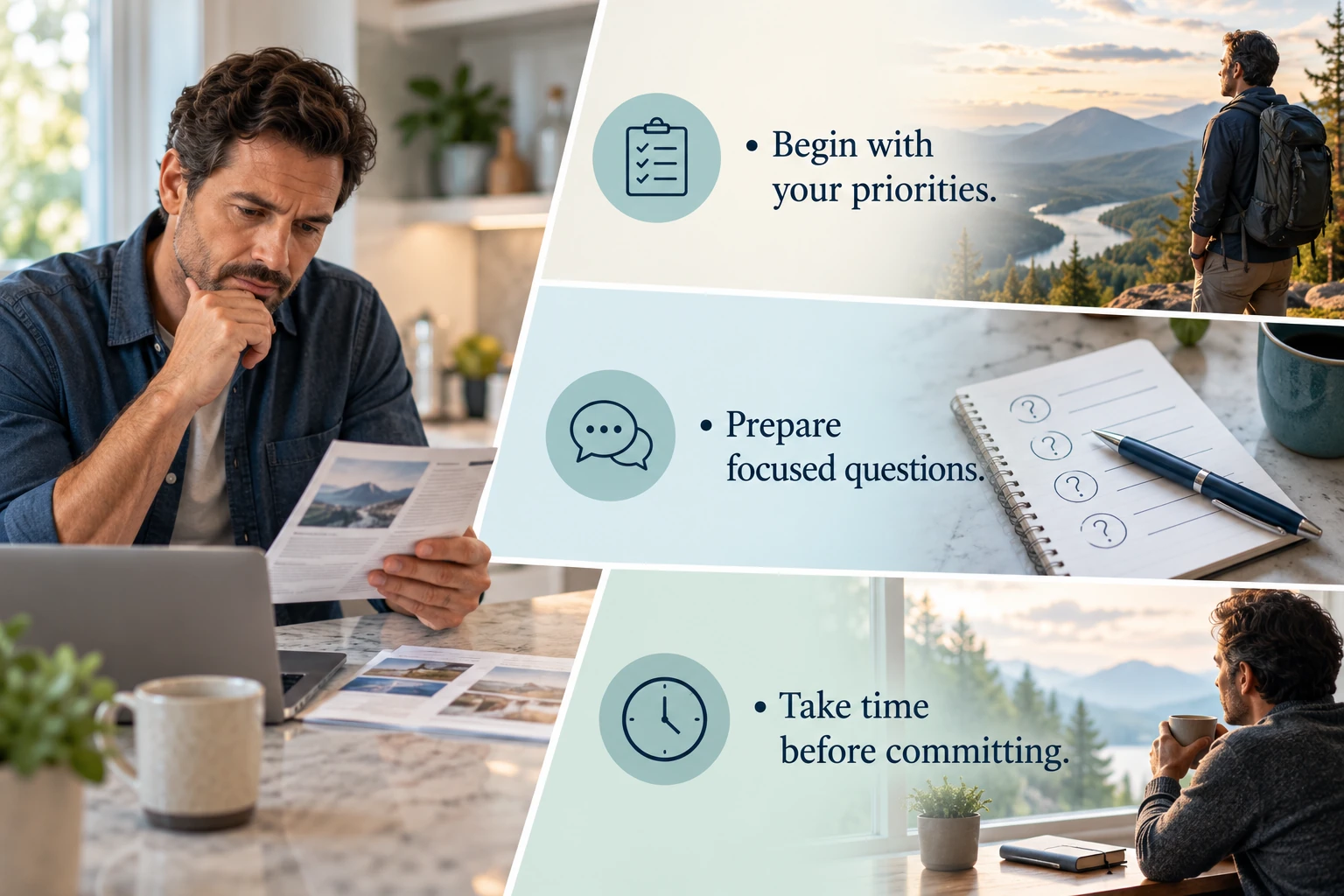 Illustrative infographic: Choosing a treatment thoughtfully. Begin with your priorities. Prepare focused questions. Take time before committing.