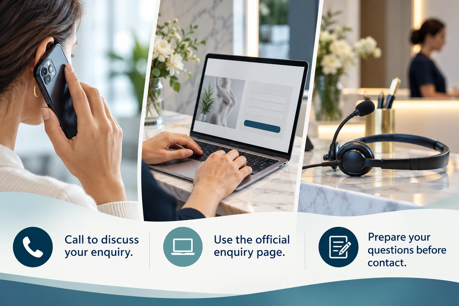 Illustrative infographic: Choosing how to contact Lipo Sculpt. Call to discuss your enquiry. Use the official enquiry page. Prepare your questions before contact.