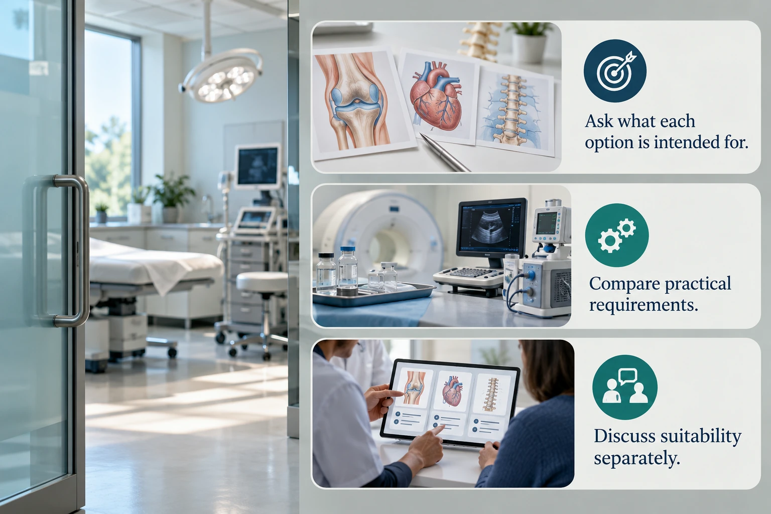 Illustrative infographic: Different treatments have different purposes. Ask what each option is intended for. Compare practical requirements. Discuss suitability separately.