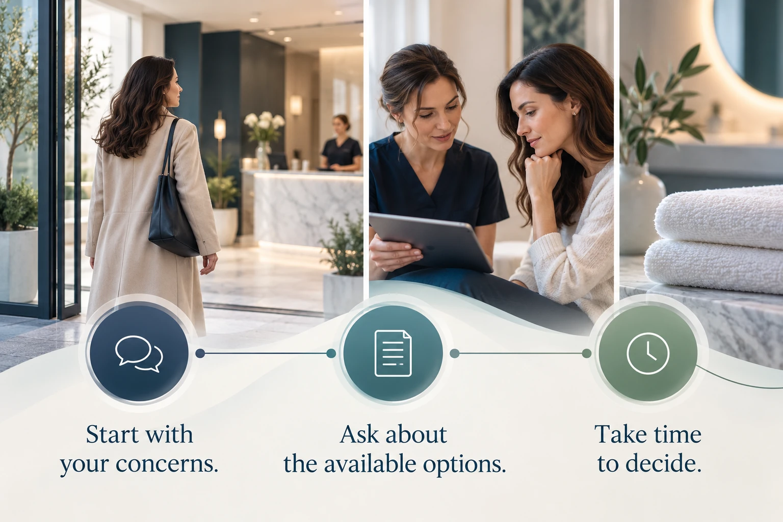 Illustrative infographic: Discreet intentional aesthetic care. Start with your concerns. Ask about the available options. Take time to decide.