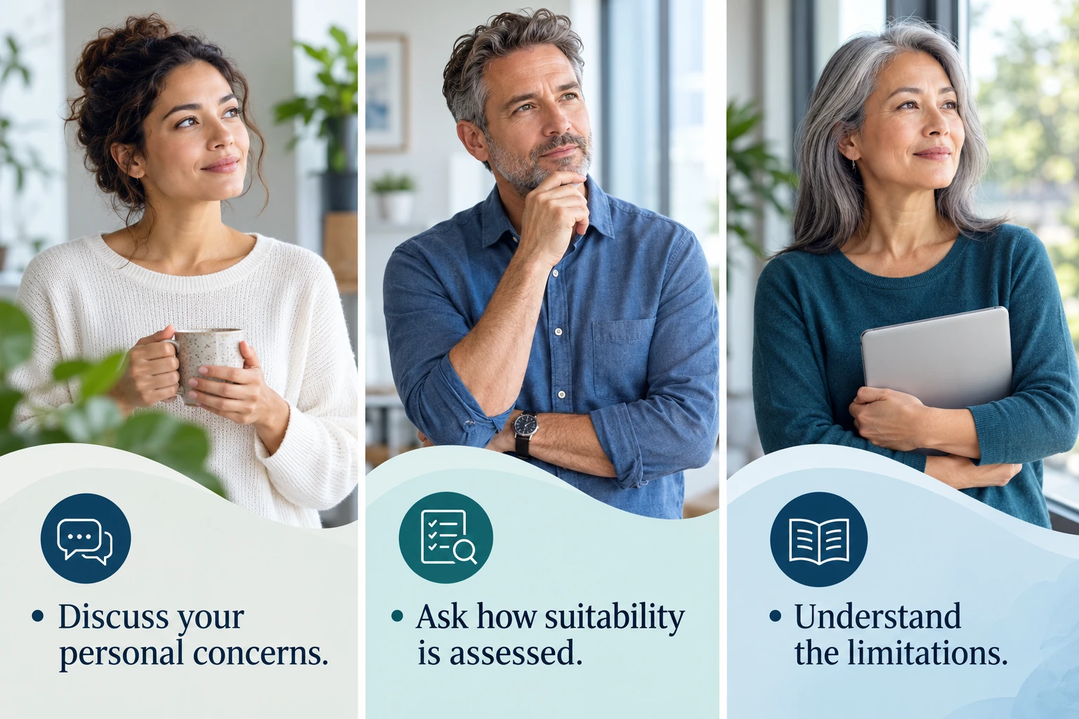 Illustrative infographic: Individual suitability. Discuss your personal concerns. Ask how suitability is assessed. Understand the limitations.