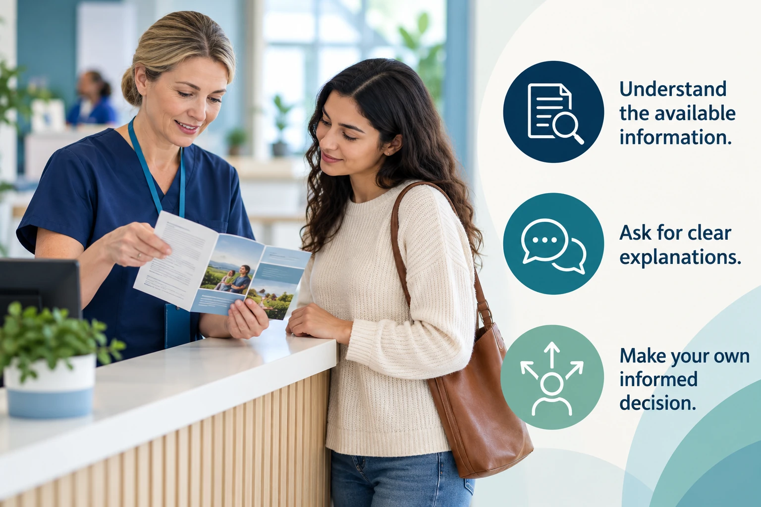 Illustrative infographic: Information that supports decisions. Understand the available information. Ask for clear explanations. Make your own informed decision.