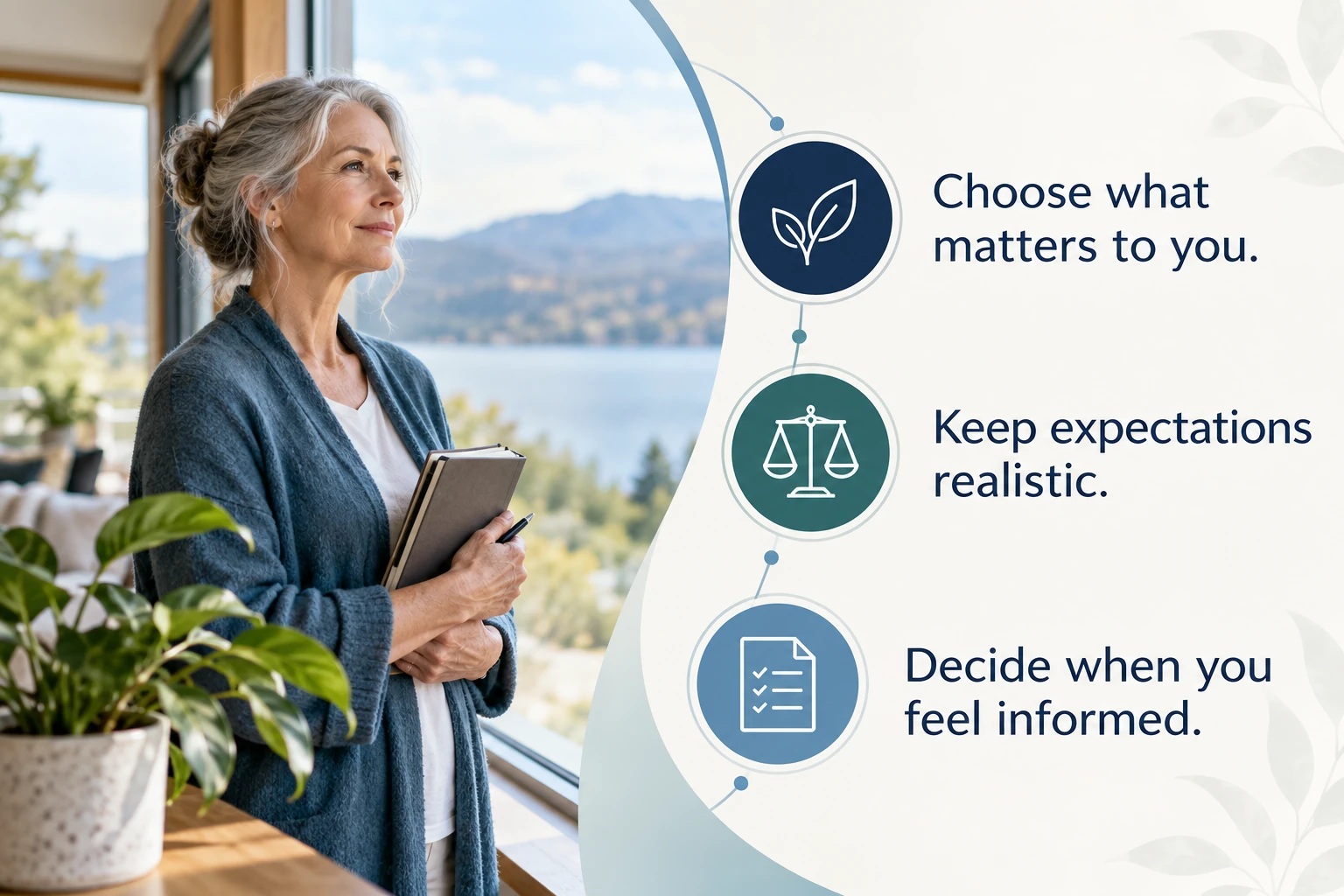 Illustrative infographic: Making a considered personal decision. Choose what matters to you. Keep expectations realistic. Decide when you feel informed.