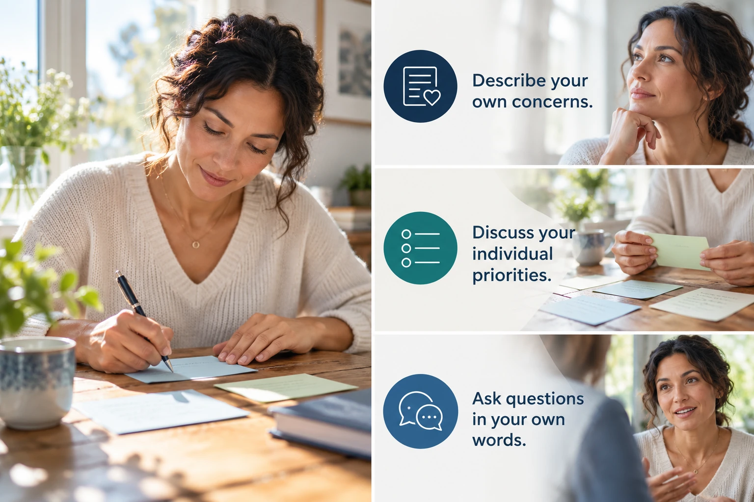 Illustrative infographic: An approach that starts with the person. Describe your own concerns. Discuss your individual priorities. Ask questions in your own words.