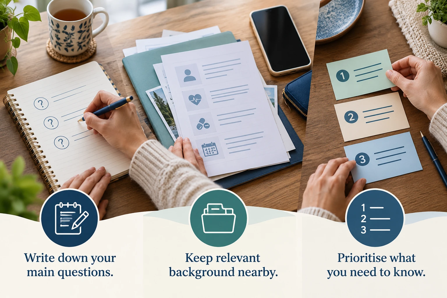 Illustrative infographic: Preparing useful consultation questions. Write down your main questions. Keep relevant background nearby. Prioritise what you need to know.