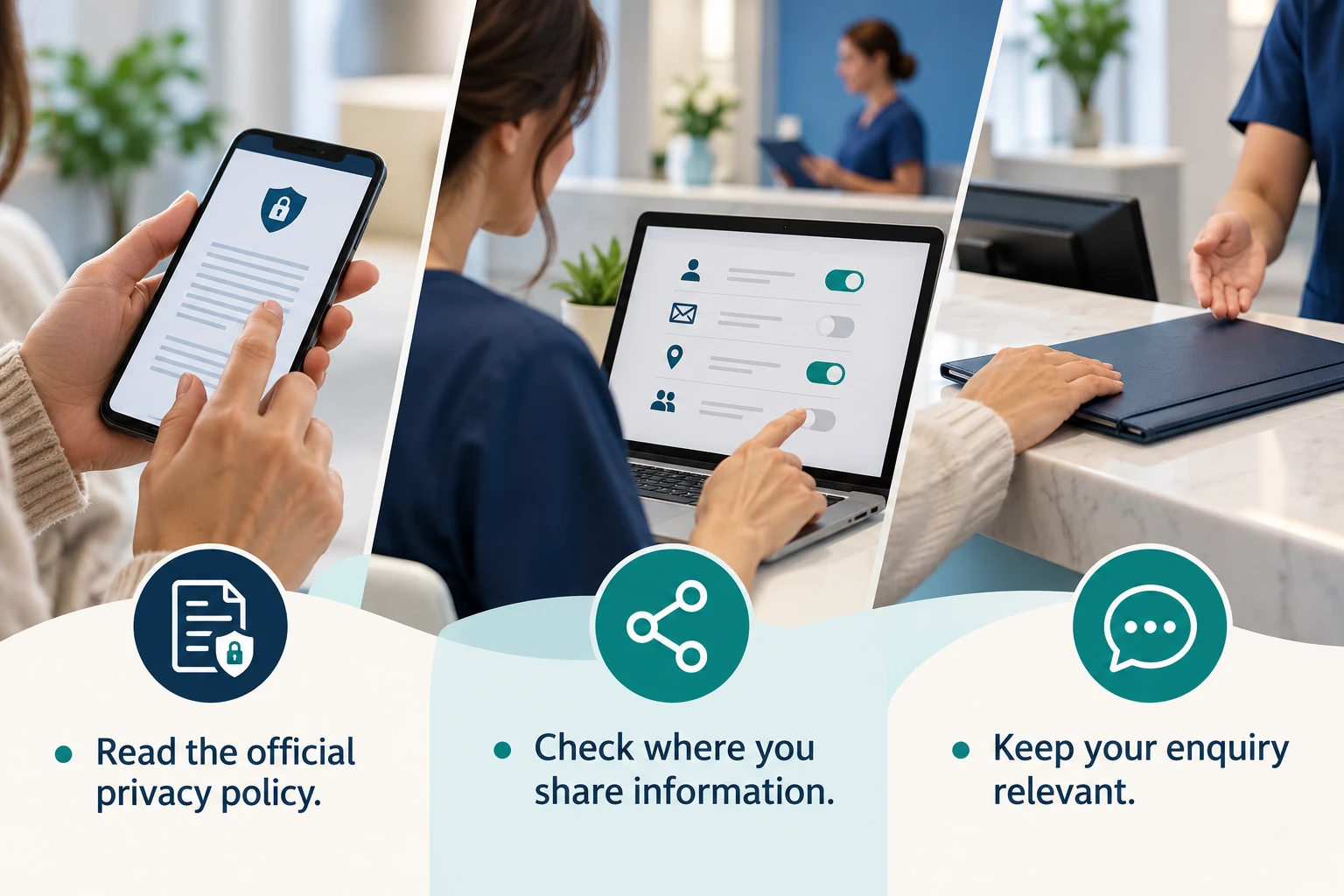 Illustrative infographic: Reading privacy information before sharing details. Read the official privacy policy. Check where you share information. Keep your enquiry relevant.