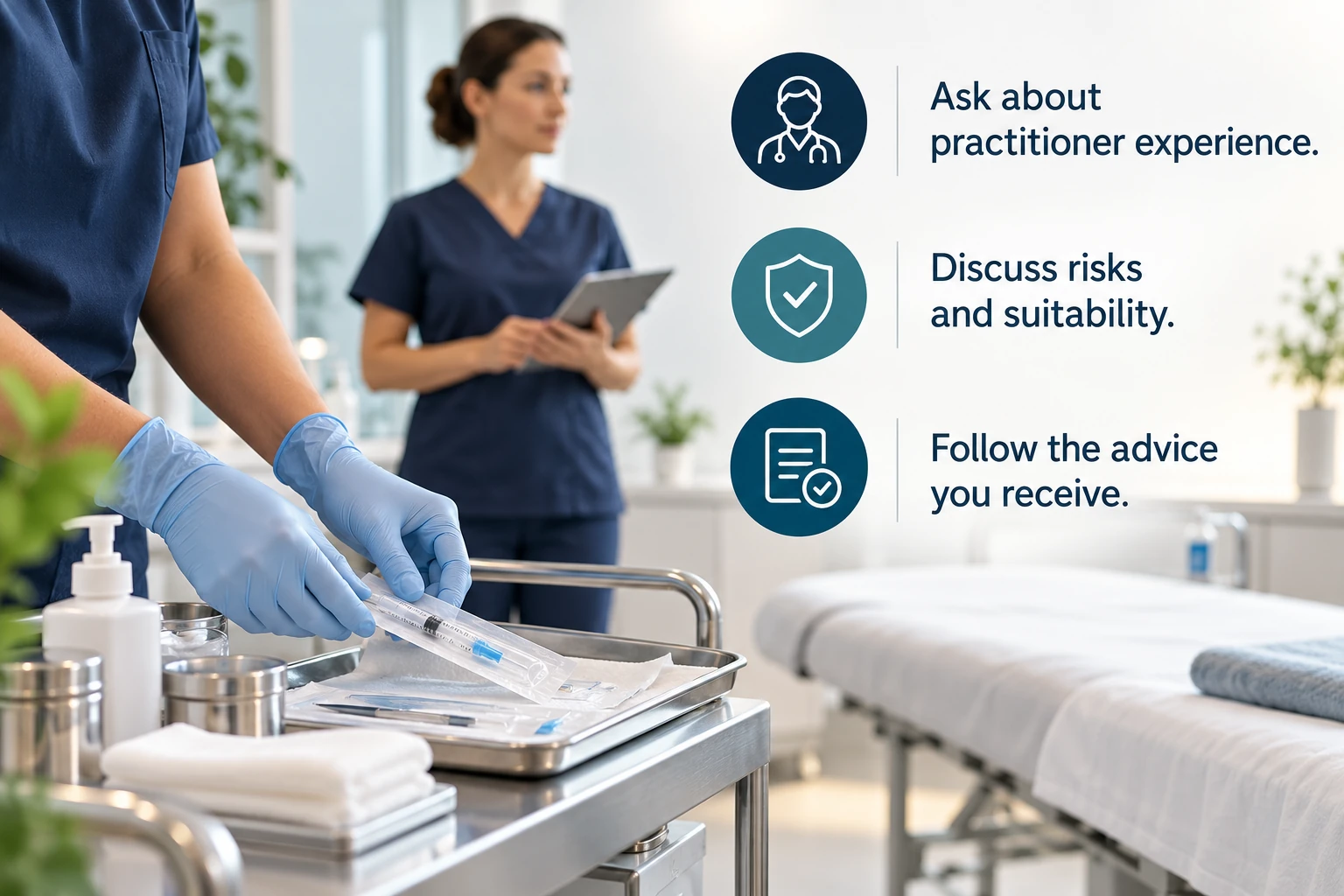 Illustrative infographic: Safety and professional standards. Ask about practitioner experience. Discuss risks and suitability. Follow the advice you receive.