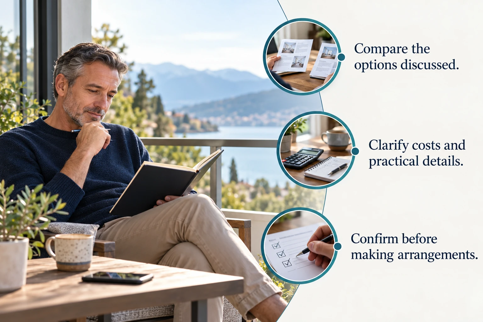 Illustrative infographic: Taking time to review your options. Compare the options discussed. Clarify costs and practical details. Confirm before making arrangements.