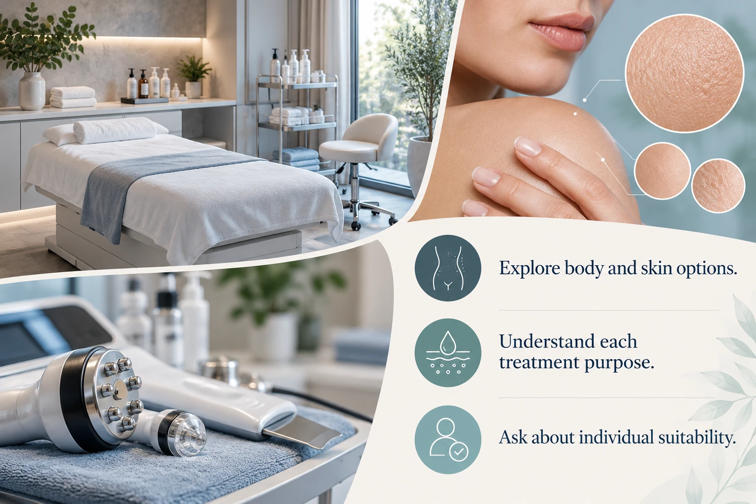 Illustrative infographic: Body and skin treatment categories. Explore body and skin options. Understand each treatment purpose. Ask about individual suitability.
