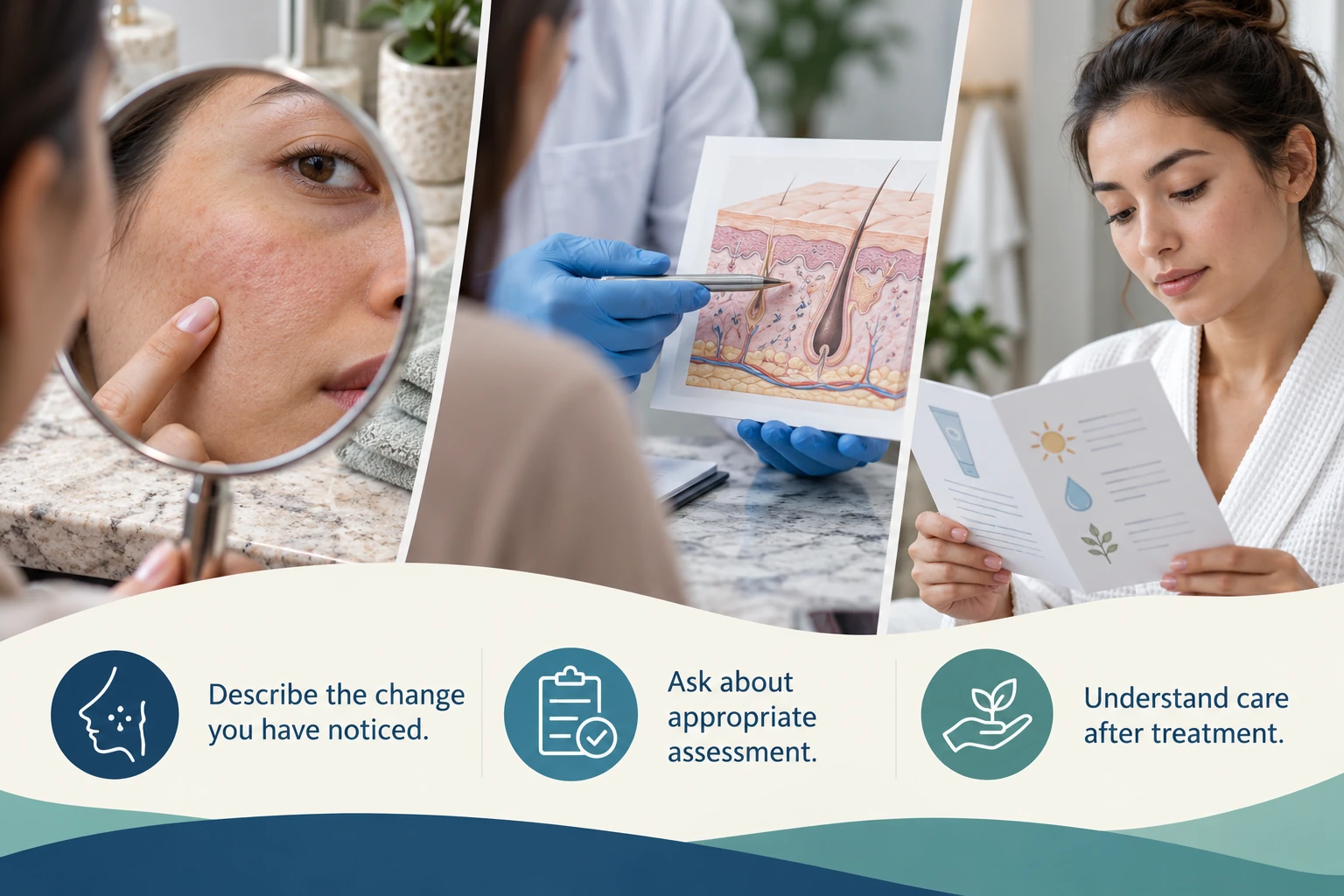 Illustrative infographic: Skin imperfection treatment enquiries. Describe the change you have noticed. Ask about appropriate assessment. Understand care after treatment.