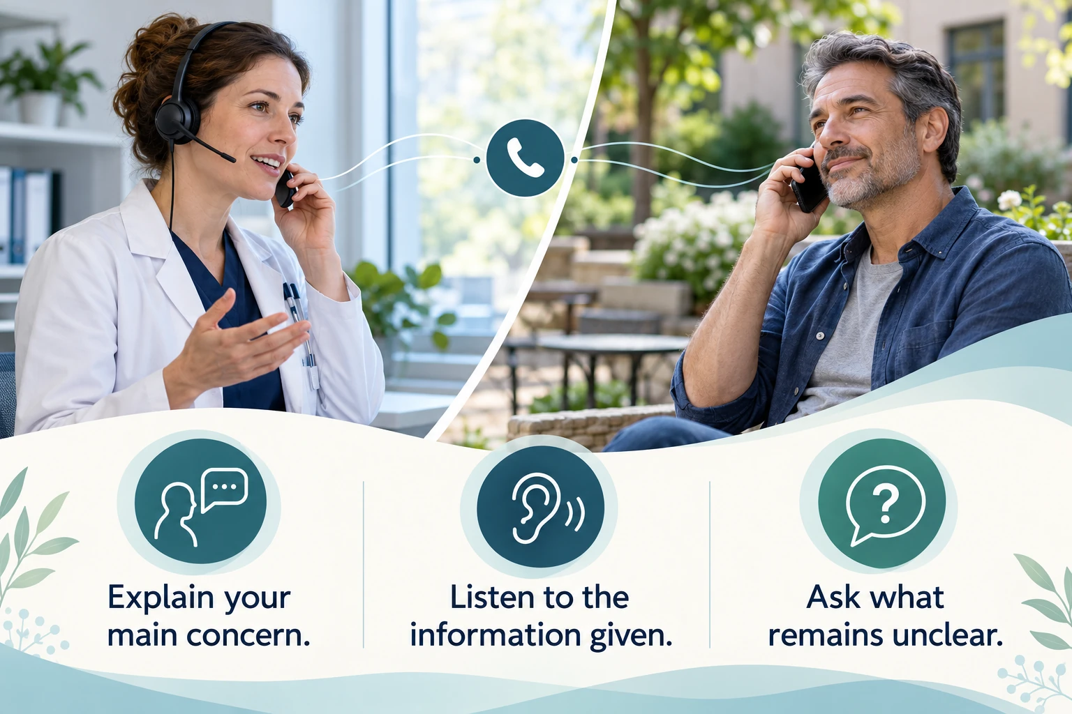 Illustrative infographic: A one-to-one telephone consultation. Explain your main concern. Listen to the information given. Ask what remains unclear.