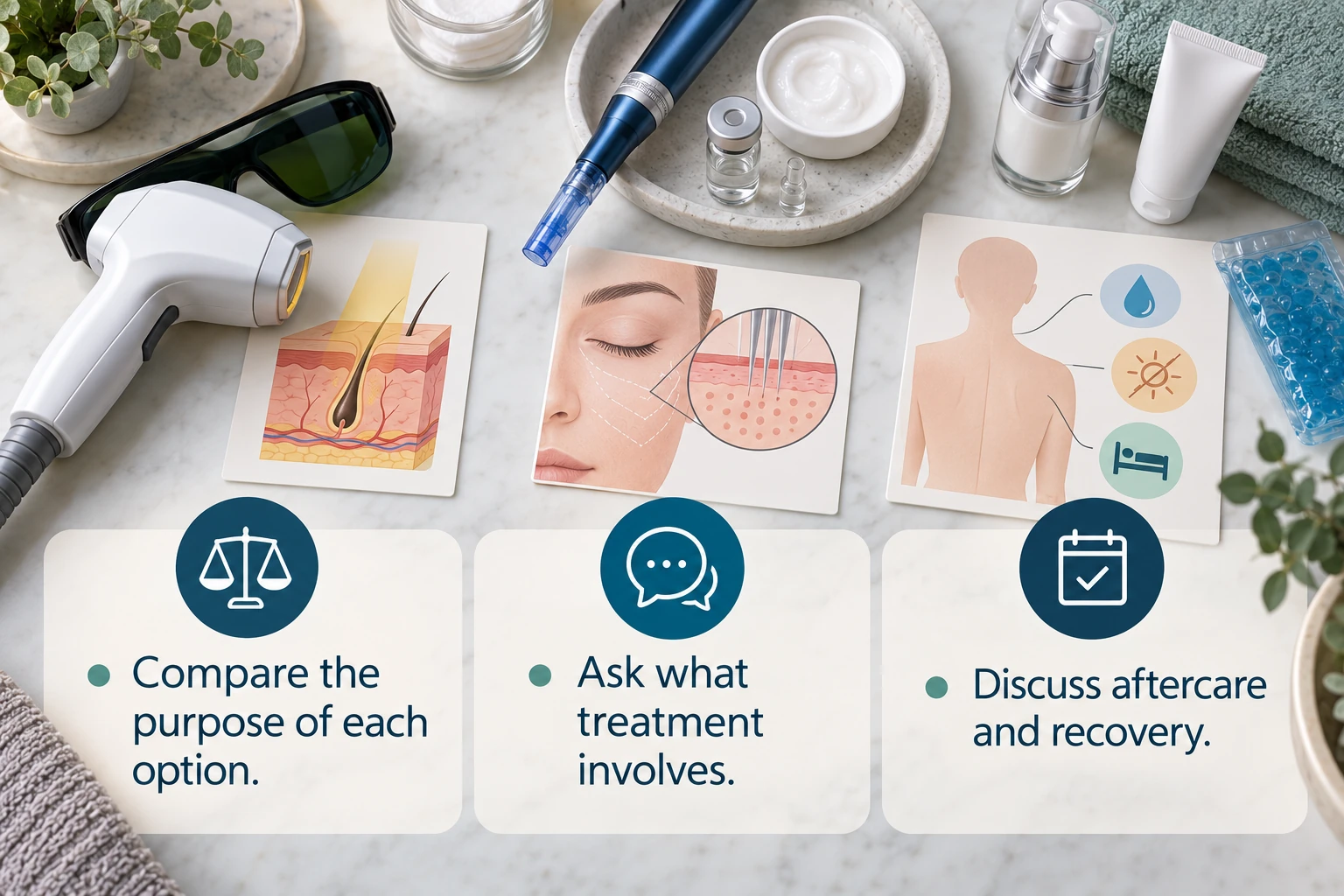 Illustrative infographic: Understanding treatment options. Compare the purpose of each option. Ask what treatment involves. Discuss aftercare and recovery.